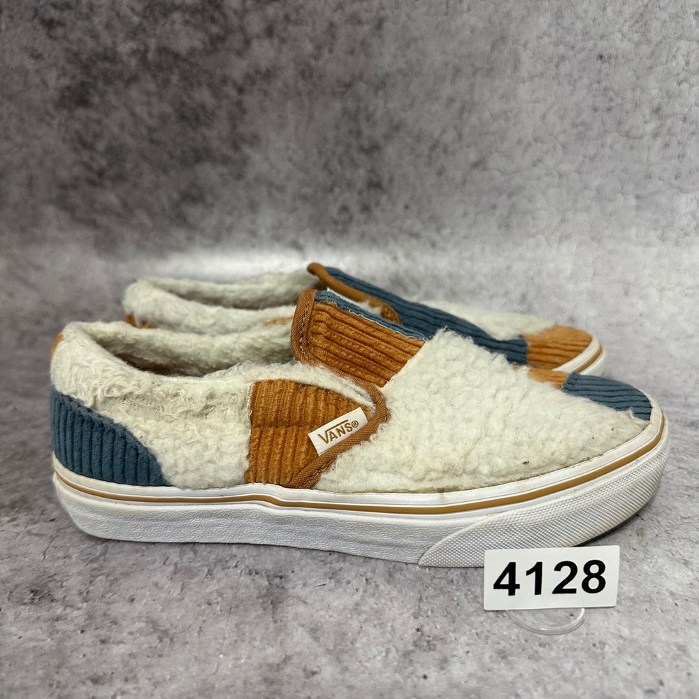 Vans Classic Slip-On Patchwork Kids 3 Multi Corduroy Sherpa Fleece Sneakers